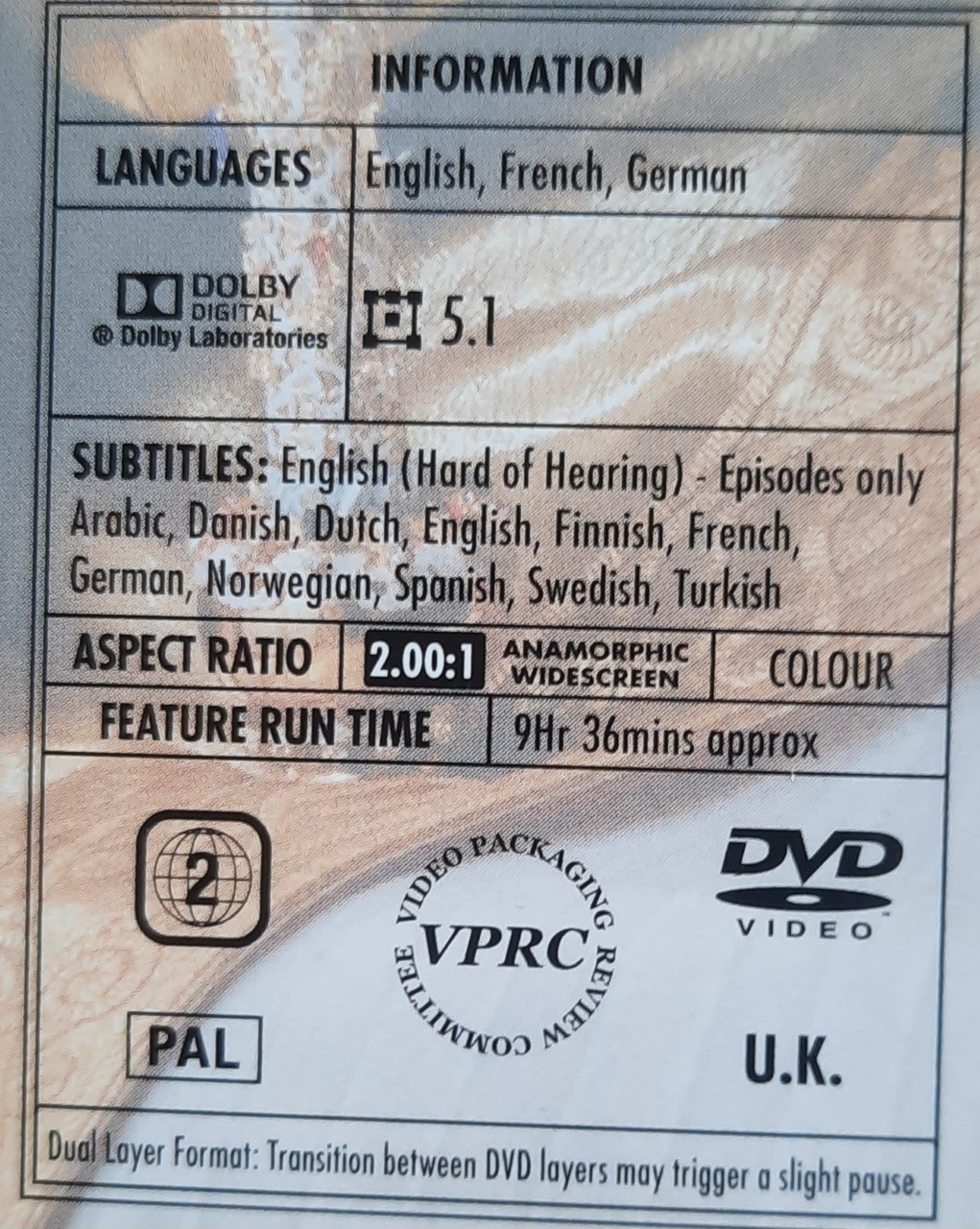 The back of a DVD which contains the information about different languages for audio and subtitles